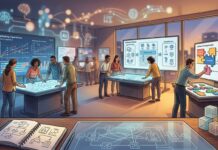 Martech: Πέρα από το AI – Τι πραγματικά αλλάζει στα Marketing Operations A dramatic wide-angle editorial illustration depicting a bustling digital marketing operations room, where professionals are focused on layered architectural blueprints, structured data frameworks, and modular building-block systems arranged on large screens and tables. In the background, faint glowing AI-related visuals are visible but deliberately out of focus, while the foreground emphasizes foundational infrastructure: interconnected software stack diagrams being streamlined and simplified, statistical regression charts representing marketing mix modeling, and geometric modular content components snapping together like puzzle pieces. The atmosphere is one of calm strategic clarity amid technological change, with a warm-cool lighting contrast — cooler tones suggesting data and analytics, warmer tones highlighting human decision-making and craftsmanship. The visual style is clean, modern, editorial, and slightly cinematic, evoking the feeling of seeing clearly beyond the noise of hype toward structural, long-term thinking.