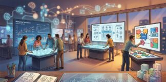Martech: Πέρα από το AI – Τι πραγματικά αλλάζει στα Marketing Operations A dramatic wide-angle editorial illustration depicting a bustling digital marketing operations room, where professionals are focused on layered architectural blueprints, structured data frameworks, and modular building-block systems arranged on large screens and tables. In the background, faint glowing AI-related visuals are visible but deliberately out of focus, while the foreground emphasizes foundational infrastructure: interconnected software stack diagrams being streamlined and simplified, statistical regression charts representing marketing mix modeling, and geometric modular content components snapping together like puzzle pieces. The atmosphere is one of calm strategic clarity amid technological change, with a warm-cool lighting contrast — cooler tones suggesting data and analytics, warmer tones highlighting human decision-making and craftsmanship. The visual style is clean, modern, editorial, and slightly cinematic, evoking the feeling of seeing clearly beyond the noise of hype toward structural, long-term thinking.