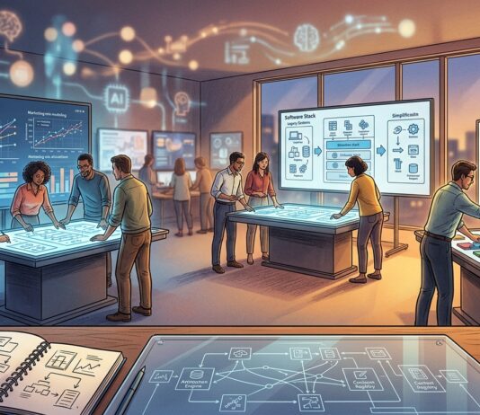 A dramatic wide-angle editorial illustration depicting a bustling digital marketing operations room, where professionals are focused on layered architectural blueprints, structured data frameworks, and modular building-block systems arranged on large screens and tables. In the background, faint glowing AI-related visuals are visible but deliberately out of focus, while the foreground emphasizes foundational infrastructure: interconnected software stack diagrams being streamlined and simplified, statistical regression charts representing marketing mix modeling, and geometric modular content components snapping together like puzzle pieces. The atmosphere is one of calm strategic clarity amid technological change, with a warm-cool lighting contrast — cooler tones suggesting data and analytics, warmer tones highlighting human decision-making and craftsmanship. The visual style is clean, modern, editorial, and slightly cinematic, evoking the feeling of seeing clearly beyond the noise of hype toward structural, long-term thinking.