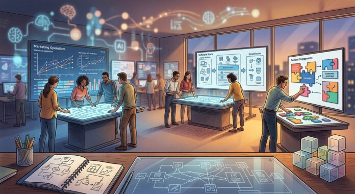 A dramatic wide-angle editorial illustration depicting a bustling digital A dramatic wide-angle editorial illustration depicting a bustling digital marketing operations room, where professionals are focused on layered architectural blueprints, structured data frameworks, and modular building-block systems arranged on large screens and tables. In the background, faint glowing AI-related visuals are visible but deliberately out of focus, while the foreground emphasizes foundational infrastructure: interconnected software stack diagrams being streamlined and simplified, statistical regression charts representing marketing mix modeling, and geometric modular content components snapping together like puzzle pieces. The atmosphere is one of calm strategic clarity amid technological change, with a warm-cool lighting contrast — cooler tones suggesting data and analytics, warmer tones highlighting human decision-making and craftsmanship. The visual style is clean, modern, editorial, and slightly cinematic, evoking the feeling of seeing clearly beyond the noise of hype toward structural, long-term thinking.