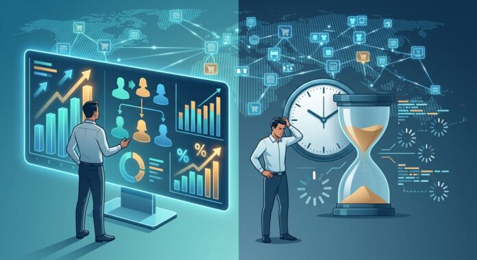 A sleek editorial illustration in a modern digital-marketing style: a A sleek editorial illustration in a modern digital-marketing style: a split-composition scene showing a retail data command center. On one side, a marketer stands before a glowing holographic dashboard filled with ascending bar charts, audience segmentation icons (customer silhouettes being sorted into colored groups), and a rising budget graph labeled with upward arrows and percentage symbols. On the other side, the same marketer looks frustrated at a large analog clock blending into a stalled hourglass, surrounded by fragmented, disconnected data streams and loading icons that never complete, symbolizing delayed measurement and broken feedback loops. In the background, a vast glowing network of interconnected retail store icons, shopping carts, and e-commerce product tiles stretches into the horizon, representing the booming scale of retail media. Use a cool blue-and-teal corporate color palette with accents of amber light representing urgency and growth, clean geometric vector shapes, soft gradients, and a professional, data-driven tech-editorial aesthetic reminiscent of business technology infographics. No text, logos, or captions should appear in the image.