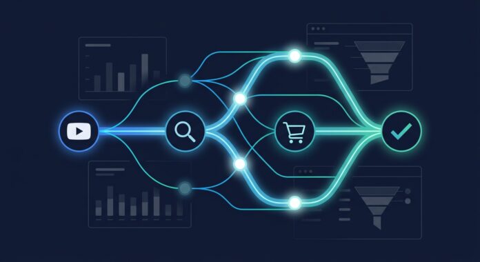 A sleek editorial-style digital illustration visualizing a customer's A sleek editorial-style digital illustration visualizing a customer's conversion journey across multiple marketing touchpoints. Show a glowing, branching pathway representing a consumer's path to purchase: starting with a video icon (representing a skipped YouTube ad), flowing through a magnifying glass search icon, then a shopping cart icon, and finally converging on a checkmark or purchase icon. Each touchpoint along the path glows with varying intensity, some brighter and some dimmer, visually representing fractional credit distribution across the journey rather than one single point. Use a modern tech aesthetic with a dark navy background, neon blue and teal accent lines connecting the nodes like a network graph or neural pathway, suggesting machine learning and data analysis. Include subtle UI dashboard elements in the background, like faint bar charts and conversion funnels, rendered in a minimalist, high-contrast style. The overall composition should feel analytical, forward-thinking, and sophisticated, evoking the complexity and intelligence of modern marketing attribution systems. Clean vector-art style, flat design with subtle gradients and glowing highlights, no text or logos.