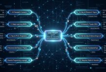Query Fan-Out: Τι είναι και γιατί μετράει στο AI Visibility A sleek, futuristic visualization of AI query expansion: a single glowing prompt node at the center of a dark digital space, branching outward into 8-10 parallel luminous sub-query nodes connected by dynamic light trails, resembling a neural network or circuit diagram. The nodes pulse with soft blue and cyan light against a deep navy background, conveying real-time parallel processing. Small abstract data fragments and search icons float between the nodes. The overall aesthetic is clean, high-tech, and editorial — evoking the concept of artificial intelligence decomposing a single user question into multiple simultaneous searches, with a sense of speed, depth, and systematic intelligence.