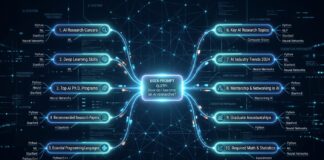 Query Fan-Out: Τι είναι και γιατί μετράει στο AI Visibility A sleek, futuristic visualization of AI query expansion: a single glowing prompt node at the center of a dark digital space, branching outward into 8-10 parallel luminous sub-query nodes connected by dynamic light trails, resembling a neural network or circuit diagram. The nodes pulse with soft blue and cyan light against a deep navy background, conveying real-time parallel processing. Small abstract data fragments and search icons float between the nodes. The overall aesthetic is clean, high-tech, and editorial — evoking the concept of artificial intelligence decomposing a single user question into multiple simultaneous searches, with a sense of speed, depth, and systematic intelligence.