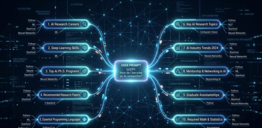 A sleek, futuristic visualization of AI query expansion: a single glowing prompt node at the center of a dark digital space, branching outward into 8-10 parallel luminous sub-query nodes connected by dynamic light trails, resembling a neural network or circuit diagram. The nodes pulse with soft blue and cyan light against a deep navy background, conveying real-time parallel processing. Small abstract data fragments and search icons float between the nodes. The overall aesthetic is clean, high-tech, and editorial — evoking the concept of artificial intelligence decomposing a single user question into multiple simultaneous searches, with a sense of speed, depth, and systematic intelligence.