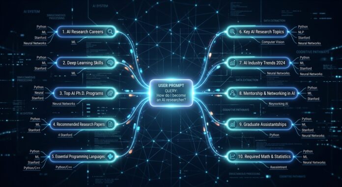 Query Fan-Out: Τι είναι και γιατί μετράει στο AI Visibility A sleek, futuristic visualization of AI query expansion: a single glowing prompt node at the center of a dark digital space, branching outward into 8-10 parallel luminous sub-query nodes connected by dynamic light trails, resembling a neural network or circuit diagram. The nodes pulse with soft blue and cyan light against a deep navy background, conveying real-time parallel processing. Small abstract data fragments and search icons float between the nodes. The overall aesthetic is clean, high-tech, and editorial — evoking the concept of artificial intelligence decomposing a single user question into multiple simultaneous searches, with a sense of speed, depth, and systematic intelligence.