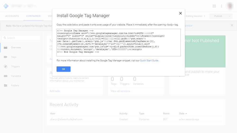Ο βασικός κώδικας προς εγκατάσταση του Google Tag Manager